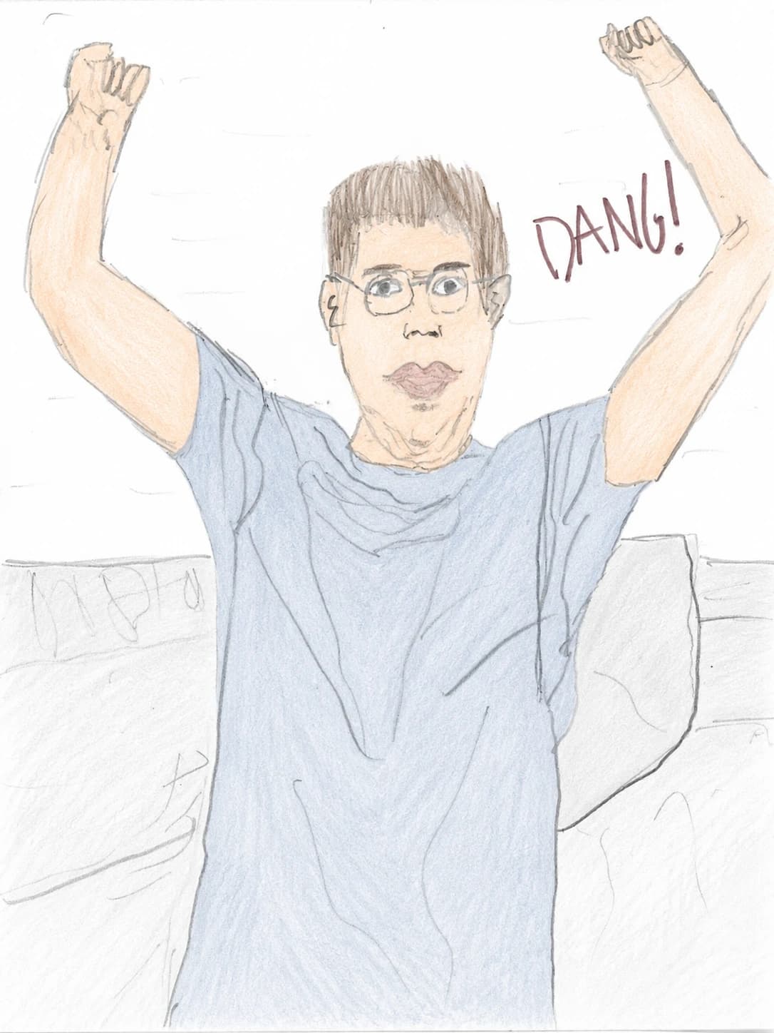 A hand-drawn man throwing his arms up and shouting “DANG!”