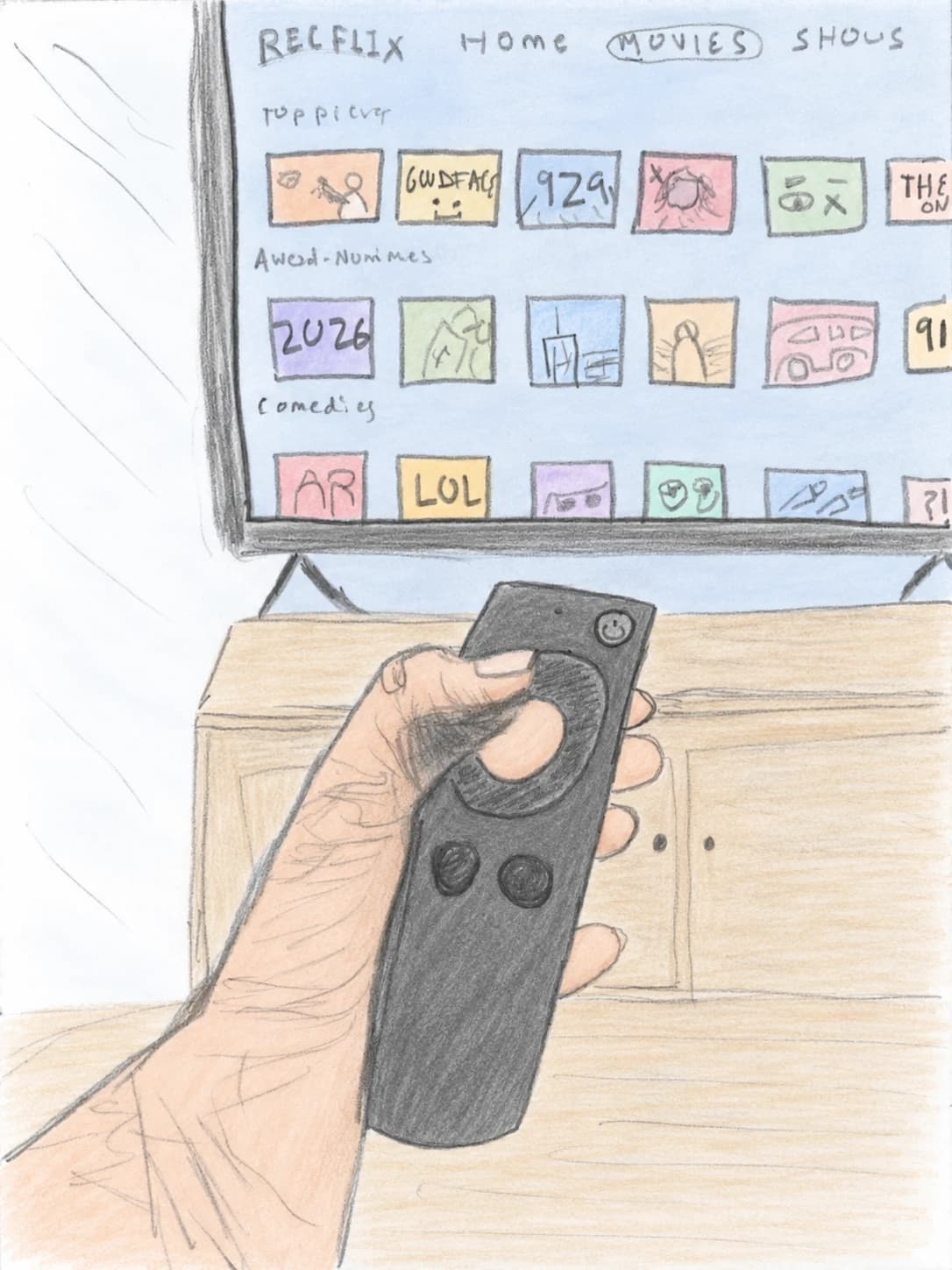 A hand-drawn TV showing “RECFLIX” and rows of endless movie choices, a remote in hand