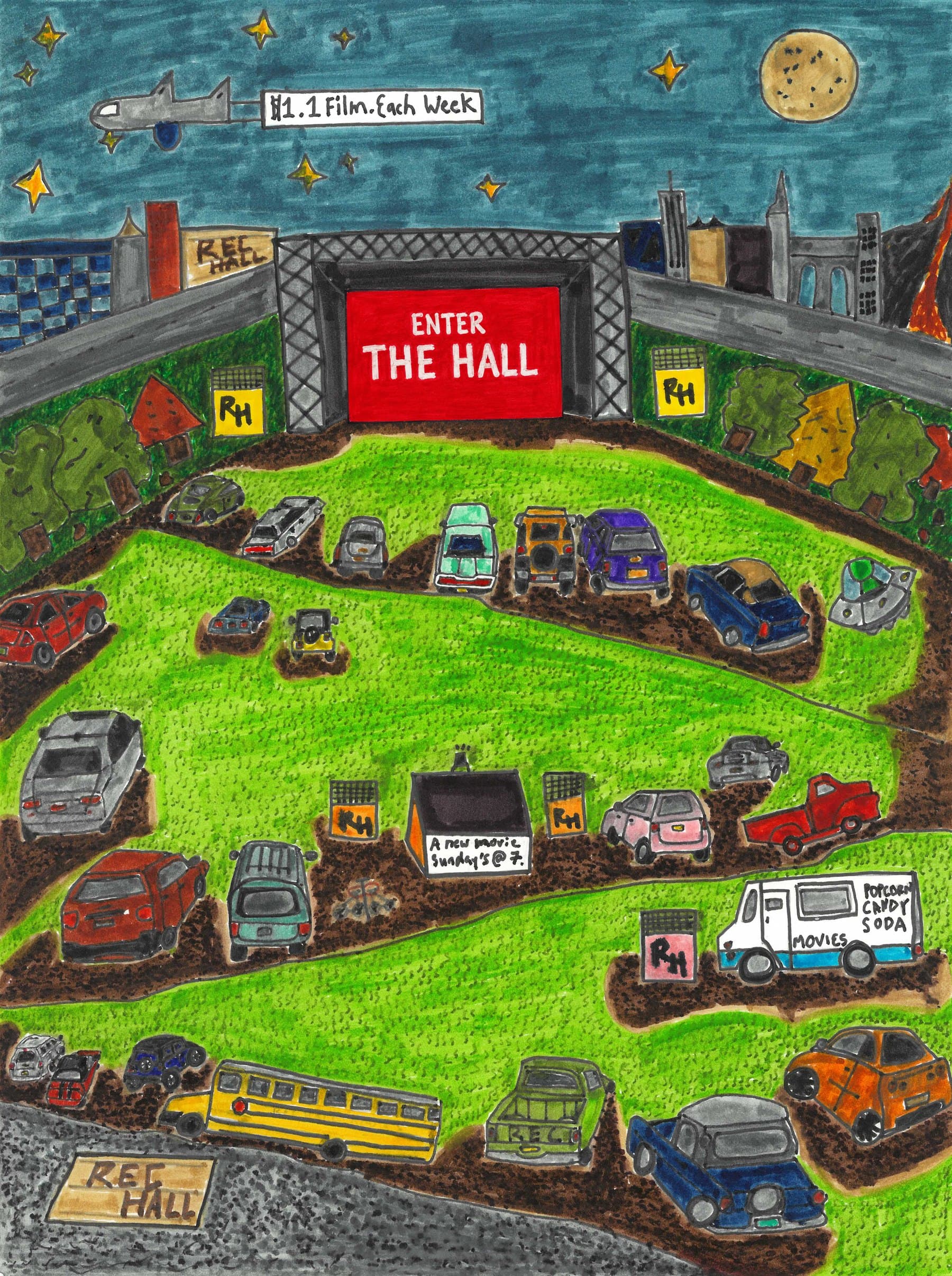 Rec Hall — a hand-drawn drive-in under the stars, with Enter The Hall on the big screen